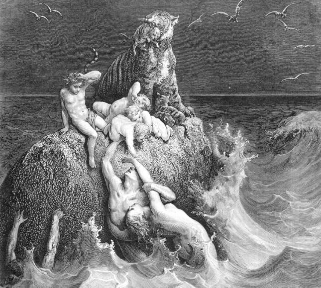 “The Deluge”, Gustave Dore.  Ancient stories of a great flood are found worldwide, and as the Encylcopedia Britannica notes, “Oral history is still important in all parts of the world, and successful transmission of stories over many generations suggests that people without writing can have a sophisticated historical sense.”