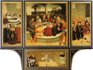 16th c. altar painting in St. Mary's Church in Wittenberg, Germany (by Cranach). The panels show the four primary ways which Christ’s word of forgiveness comes to us (Holy Baptism, Lord's Supper, Office of the Keys, and Preaching).